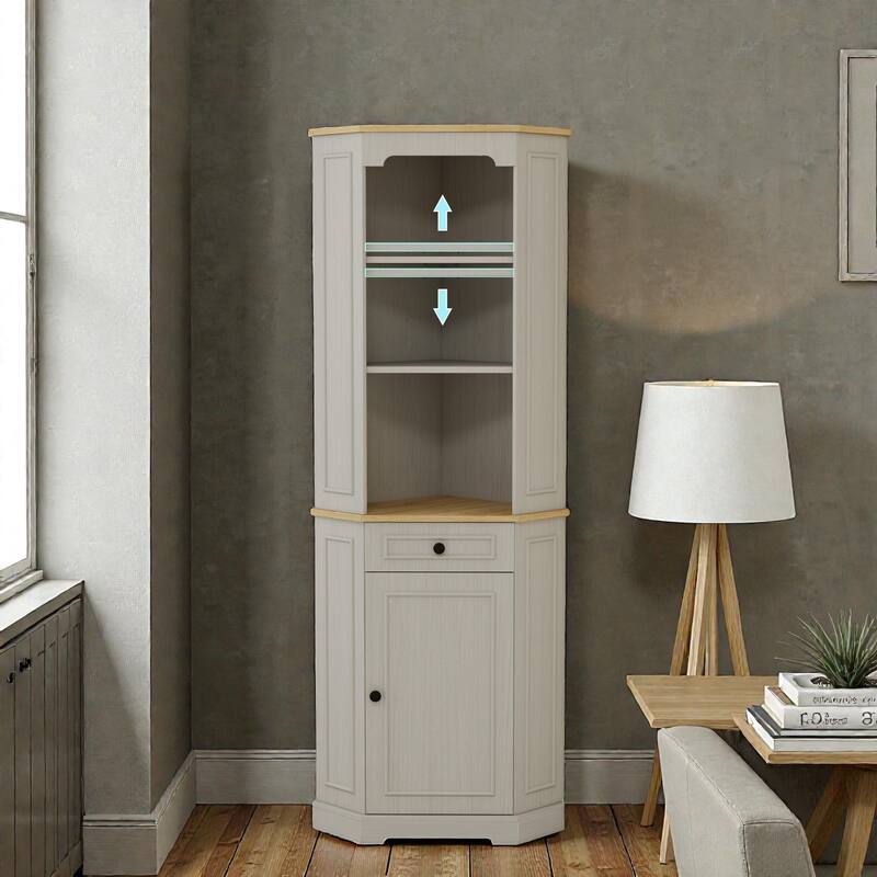 68" Tall Corner Cabinet, Freestanding Corner Storage Cabinet with Door, Drawer & Adjustable Shelf, Farmhouse Space-Saving Hutch