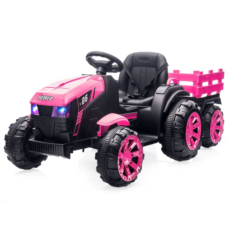 Kids Ride On Tractor with Trailer, 12V Battery Powered Electric - Pink