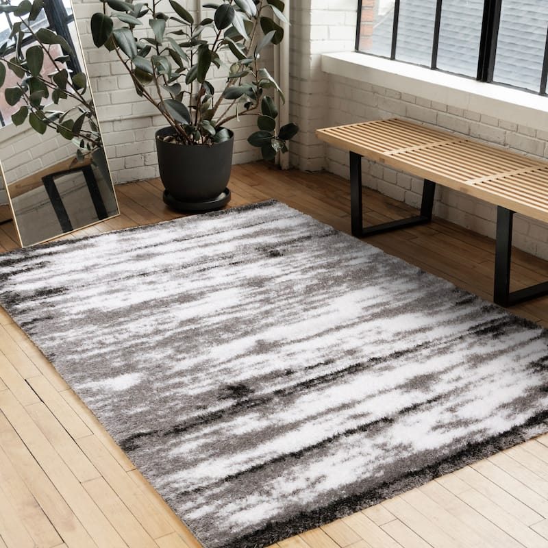 Black White Grey Distressed Soft Shag Rug