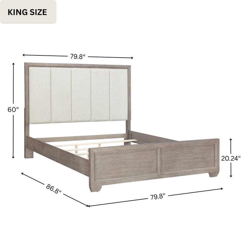 Roundhill Furniture Ennesley Gray Wood Bedroom Set with Upholstered Panel Bed, Dresser, Mirror, Nightstand, and Chest
