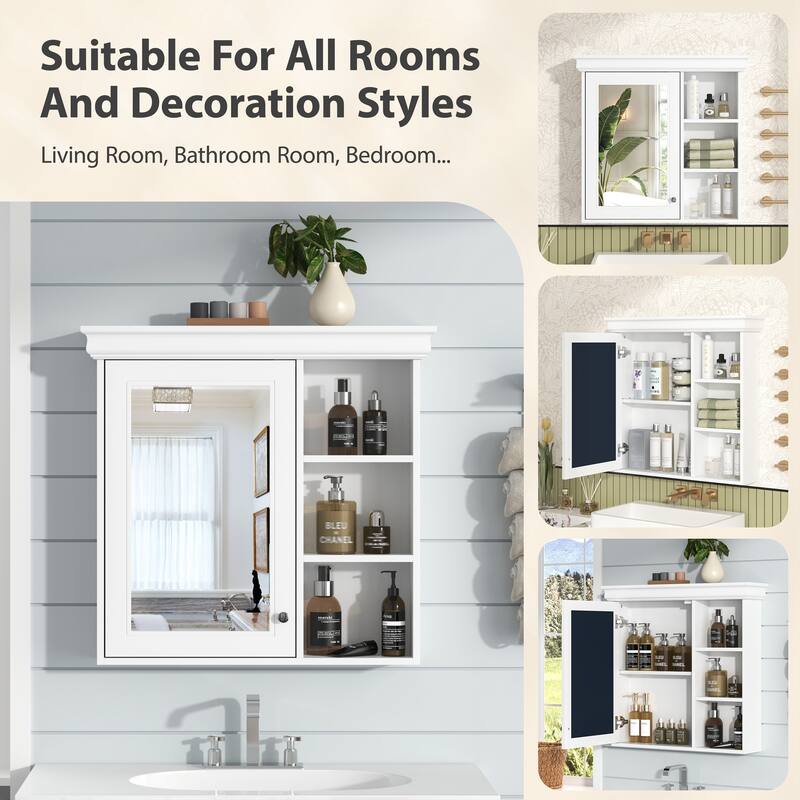 Anmytek 30 x 28 Inch White Bathroom Medicine Cabinet with Mirror, Wall Mounted Storage Organizer