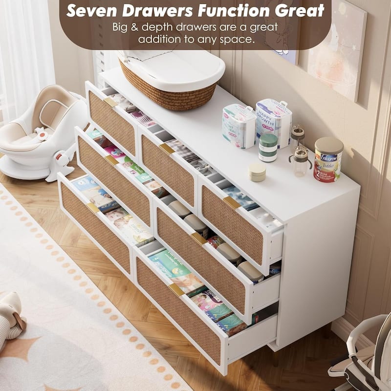 Rattan 7 Drawer Dressers TV Stand for Bedroom Living Room