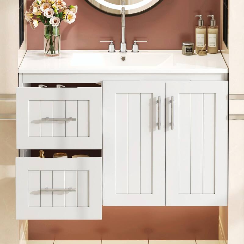 36'' Wall Mounted Bathroom Vanity - Floating Bathroom Storage Cabinet with 2 Drawers, 3 Holes Single Ceramic Sink