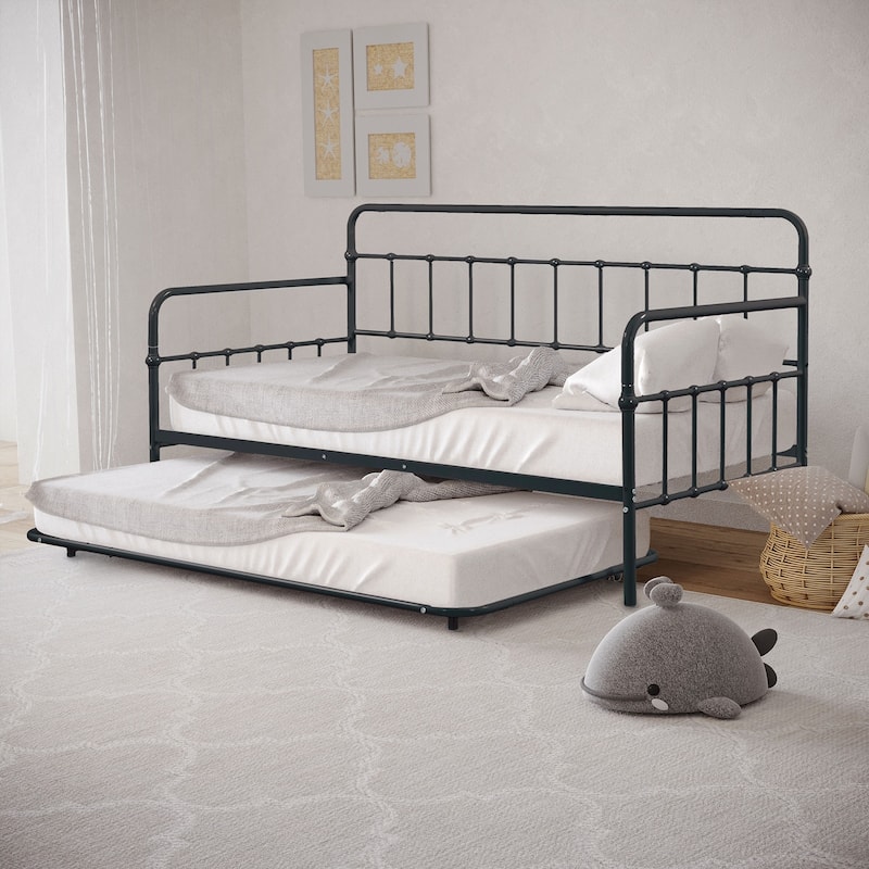 Black Metal Twin Size Daybed with Trundle, Pipe-inspired Framework