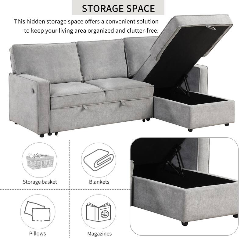 Modern L Shaped Sleeper Sofa with USB Port and Cup Holders and Storage Ottoman for Living Room or Guest Room