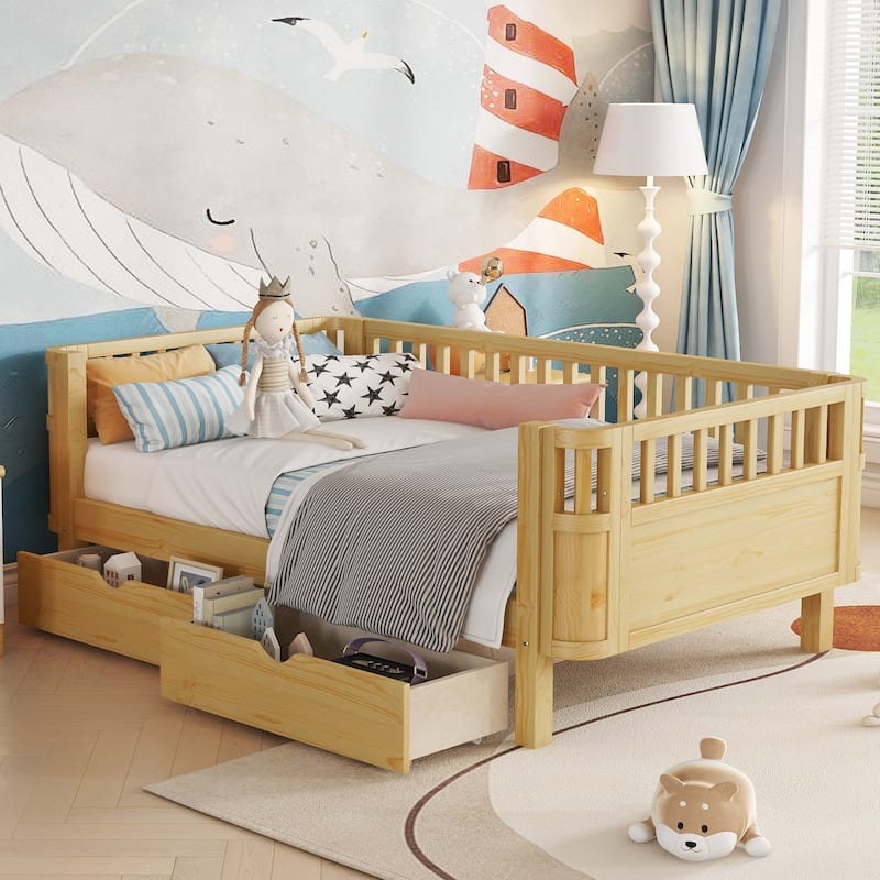 Twin Size Wood Platform Bed for Kids, Wood Low Profile Twin Bed with Rails for Girls and Boys