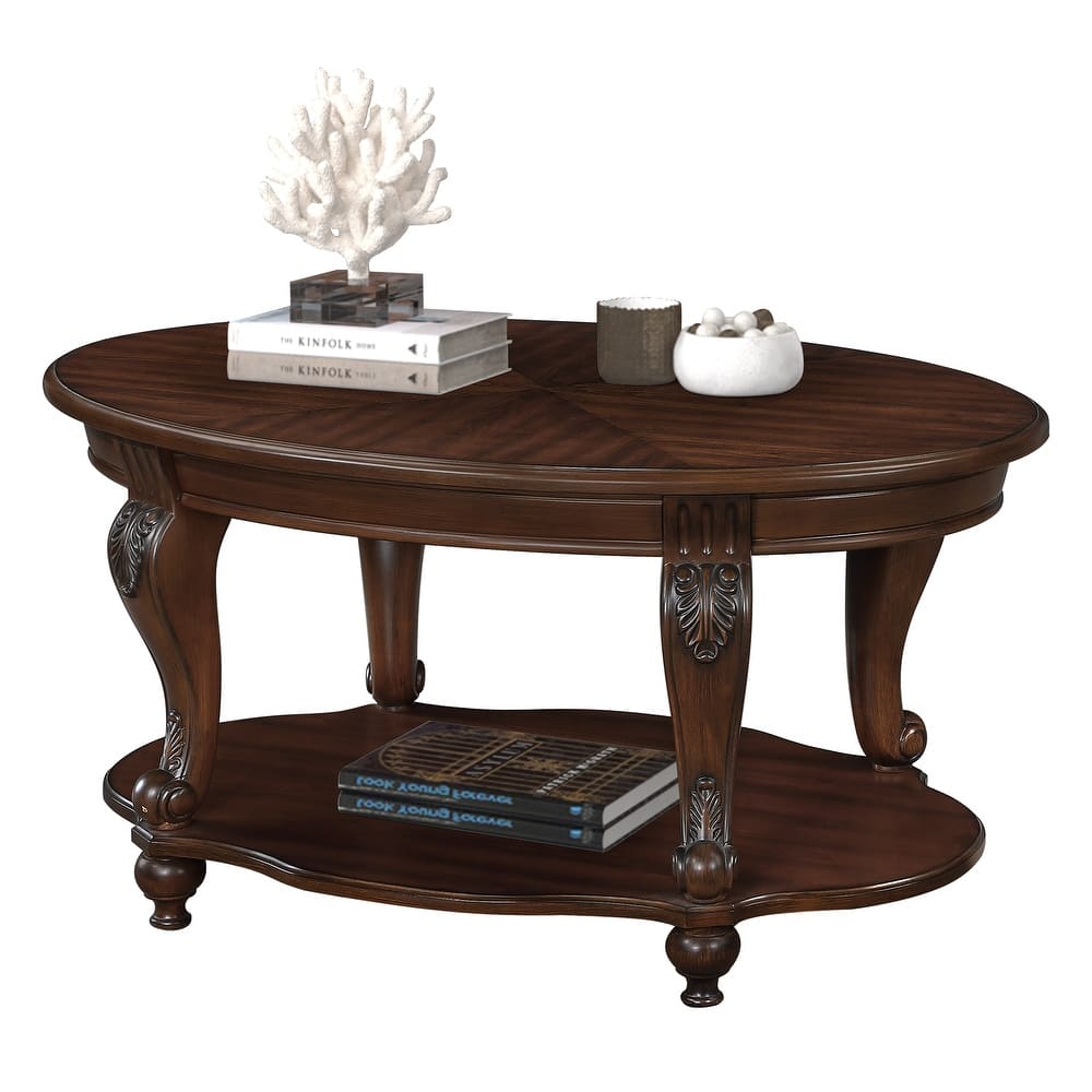 Oval Wood Coffee Table for Living Room with Open Storage Shelf, 2-Tier Solid Wood Cocktail Table with Beautiful Floral Carvings