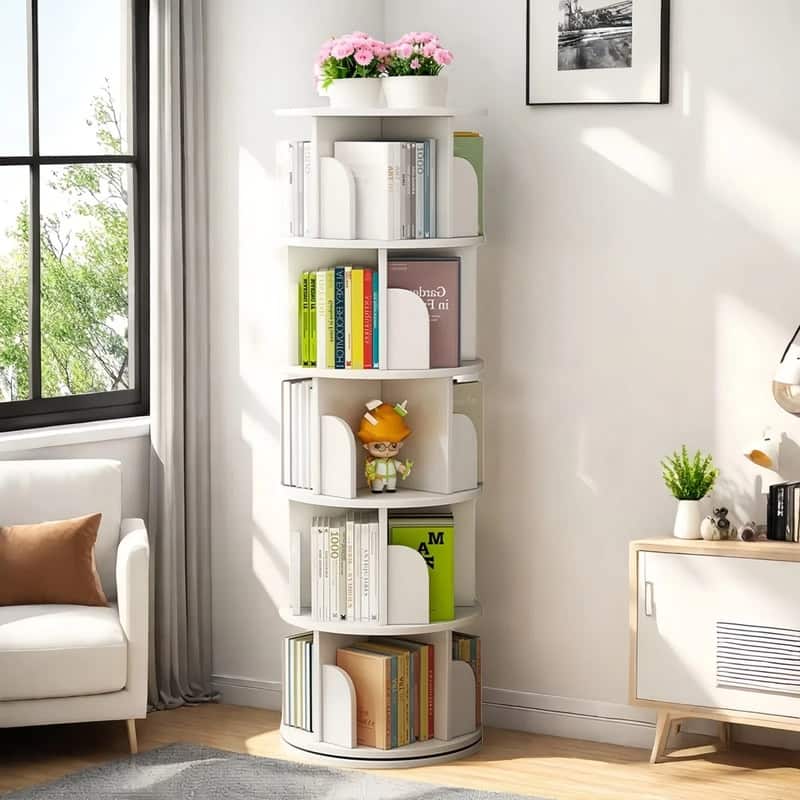 Rotating Bookshelf, 360 Display 5 Tier, Floor Standing Bookcase Storage Rack, Wood Narrow Book Shelf Organizer
