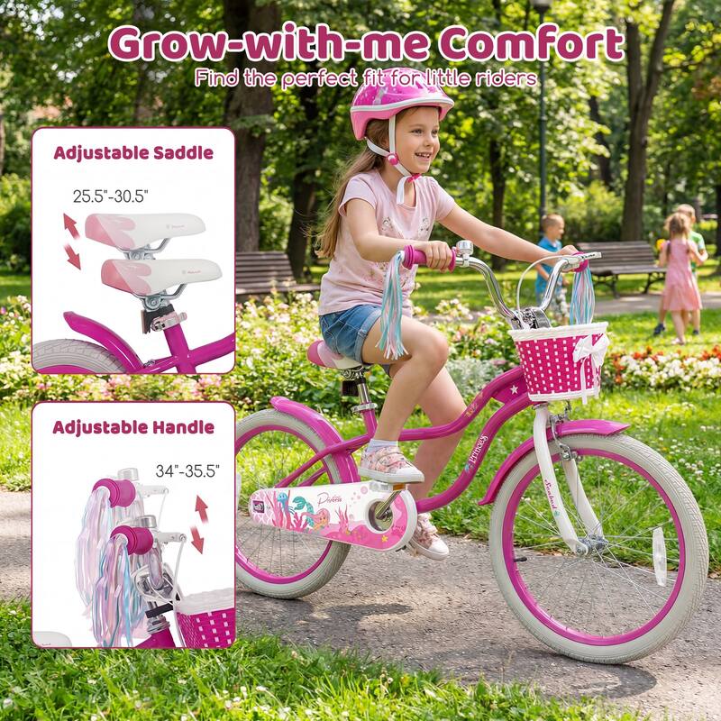 Gymax 20'' Girls Bike w/Removable Basket Streamers Hand Brake & - Rose Red