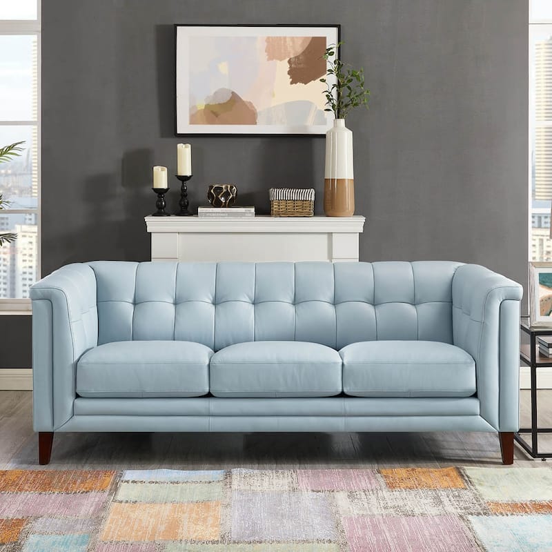 Hydeline Arvo Top Grain Leather Sofa Couch with Feather, Memory Foam and Springs - Spa Blue