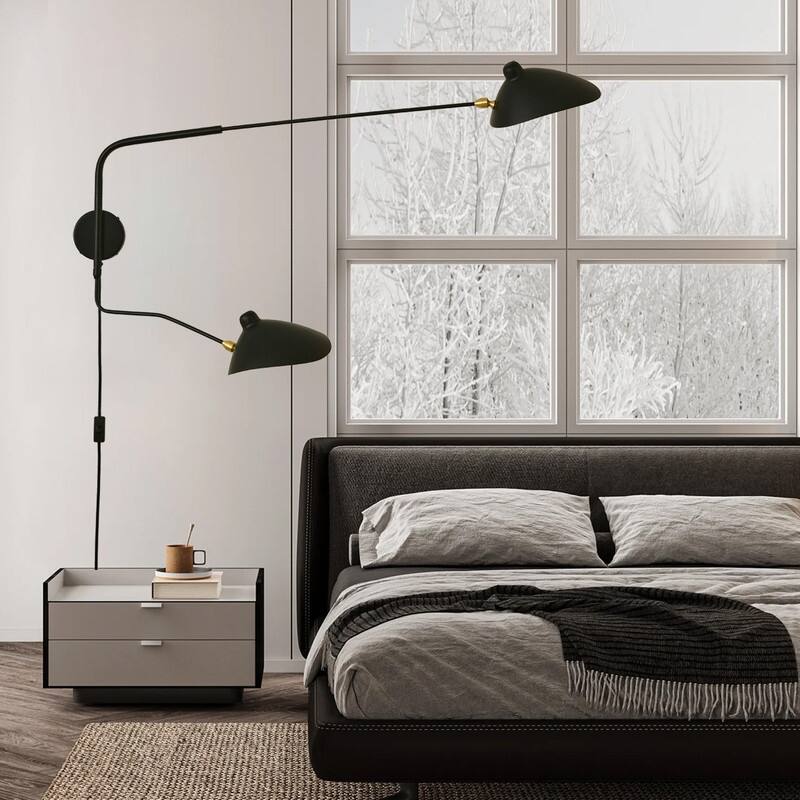 2-Lights Swing Arm Wall Sconces, Plug in Rotatable Black Wall Lights