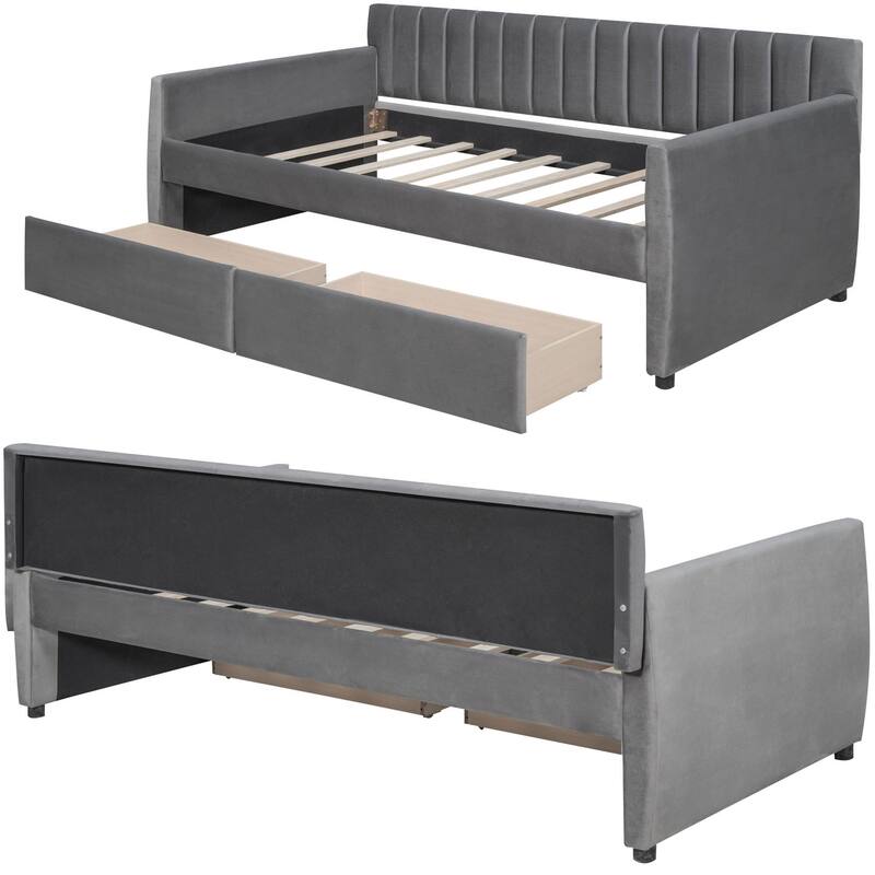 Modern Minimalist Twin Size Velvet Upholstered Daybed with Two Underbed Drawers
