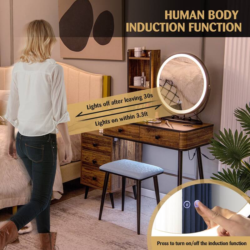 Costway Vanity Makeup Table Set 3-Color Dimmable Human Body Induction - See Details