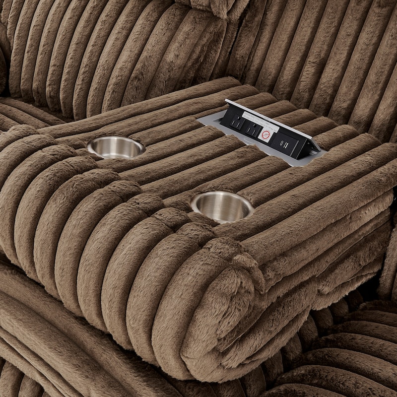 Roundhill Furniture Ardello 2-Piece Reclining Sofa Set, Corduroy Upholstery with Built-In Power Center, Chocolate