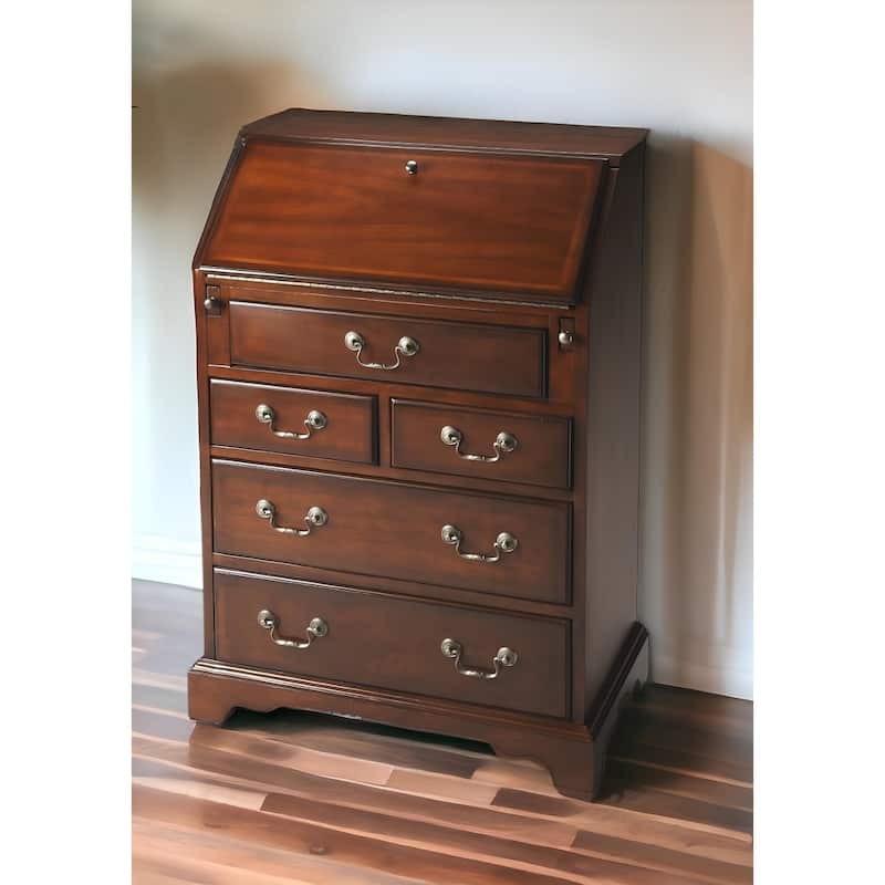 26" Brown Rubberwood Wood Secretary Desk With Five Drawers - Brown