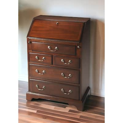 26" Brown Rubberwood Wood Secretary Desk With Five Drawers