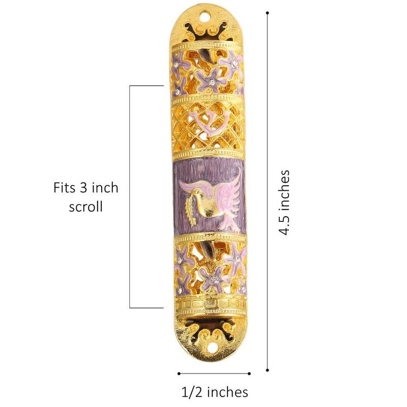 Hand Painted Enamel Mezuzah Embellished with a Floral Design with Gold Accents and High Quality Crystals by Matashi