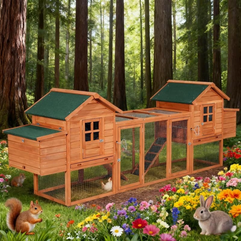 124" Large Dual Chicken Coop & Rabbit Hutch - Wooden Hen House & Poultry Cage