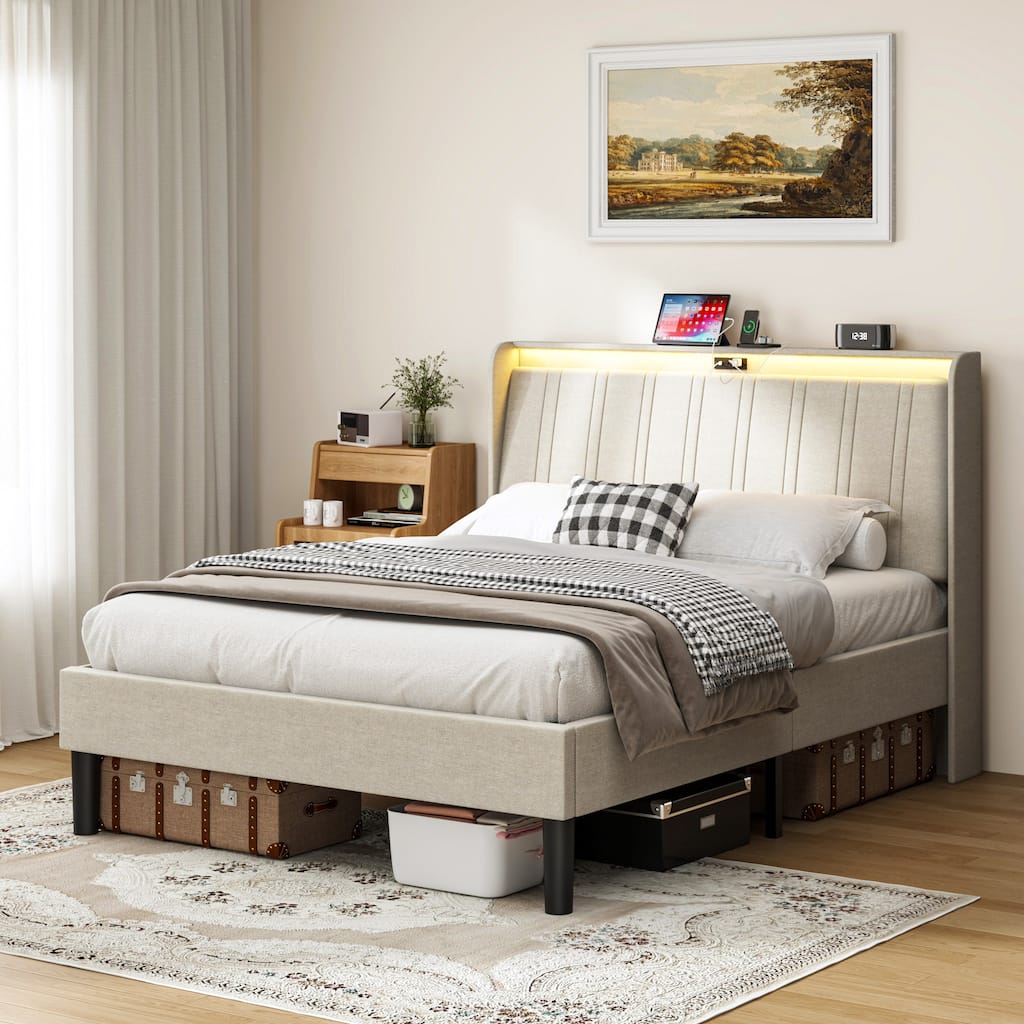 Full Size Upholstered Platform Bed Frame with USB Ports & Storage, Noise-Free Design