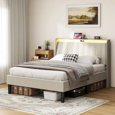 Platform Bed Frame with Fabric Upholstered Headboard and Wooden Slats Support, Fully Upholstered Mattress