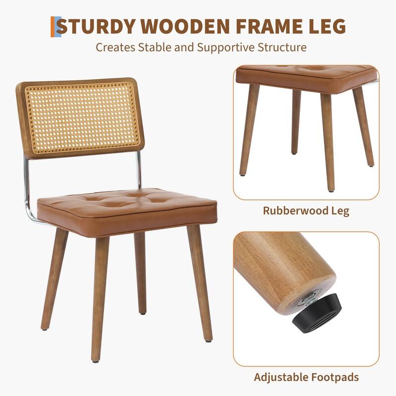 Mid-Century Modern Upholstered Dining Chair with Checkered Hollow Rattan Backrest and Padded Cushion