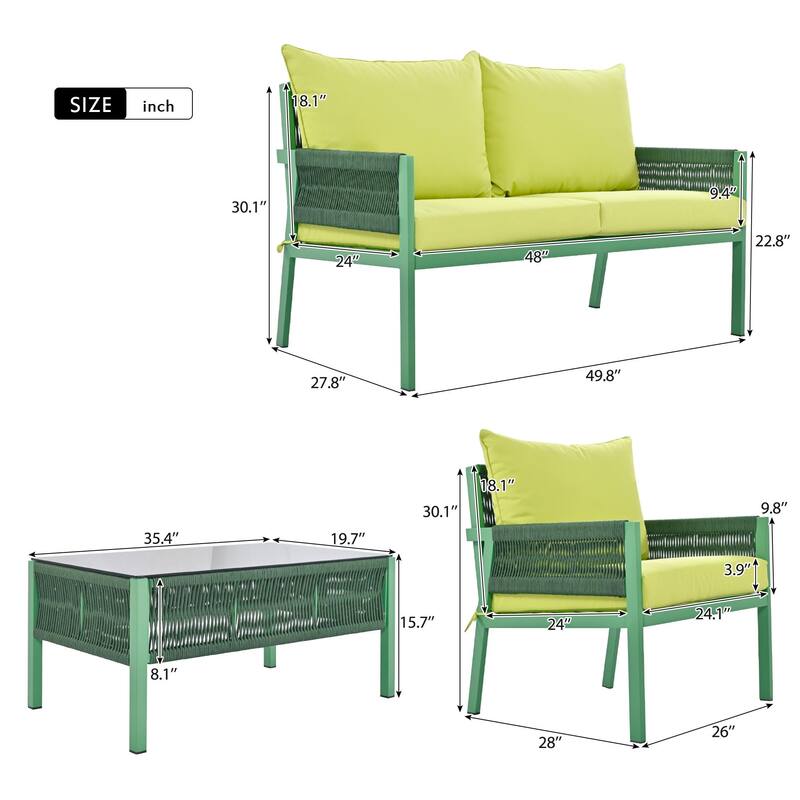 4-Piece Boho Patio Furniture Set with outdoor sofa Handmade Rope Weave,Tempered Glass Table, and Cushions-Patio Conversation Set