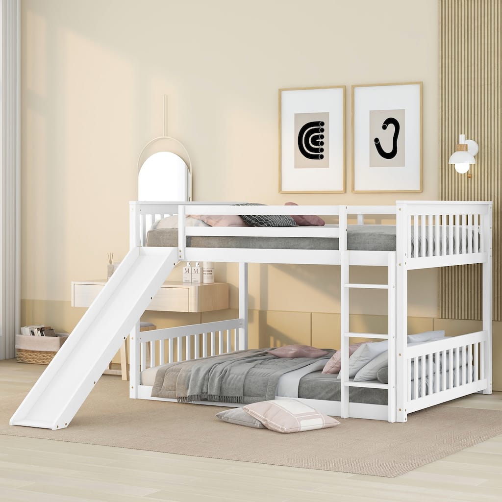 White Full Over Full Bunk Bed with Slide and Ladder, Sturdy Pinewood Frame