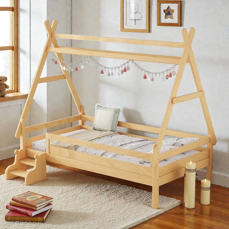 Twin/Full House Platform Bed with Stairs, Solid Wood Low Profile Kids Bed Frame, Fun Playhouse Design for Children