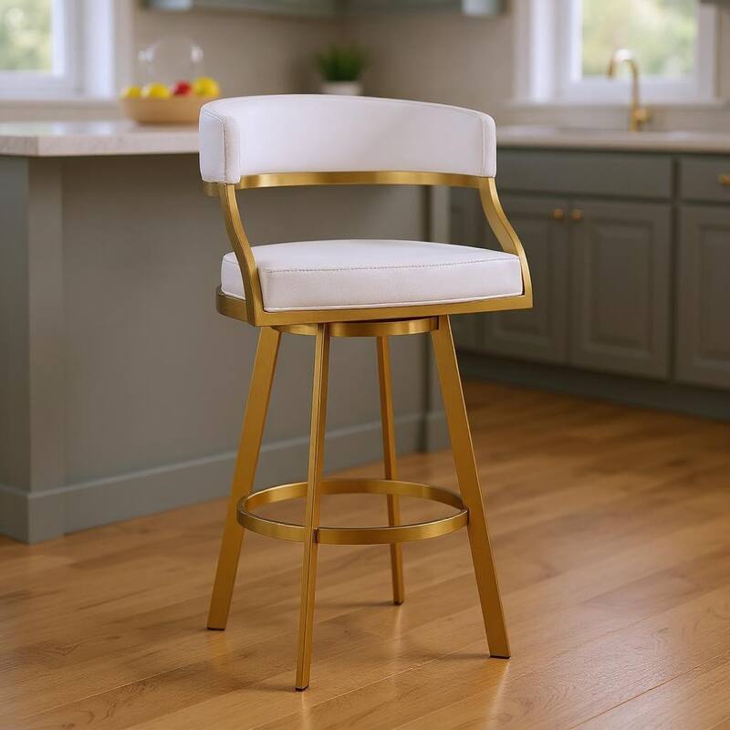 HomeRoots 26" White and Gold Faux Leather and Stainless Steel Low Back Counter Height Swivel Bar Chair - Counter Height - White - Single