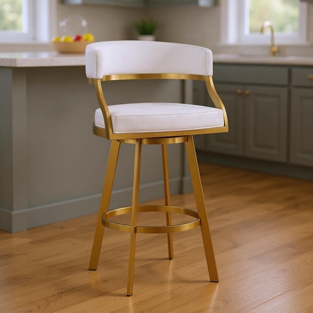 HomeRoots 26" White and Gold Faux Leather and Stainless Steel Low Back Counter Height Swivel Bar Chair