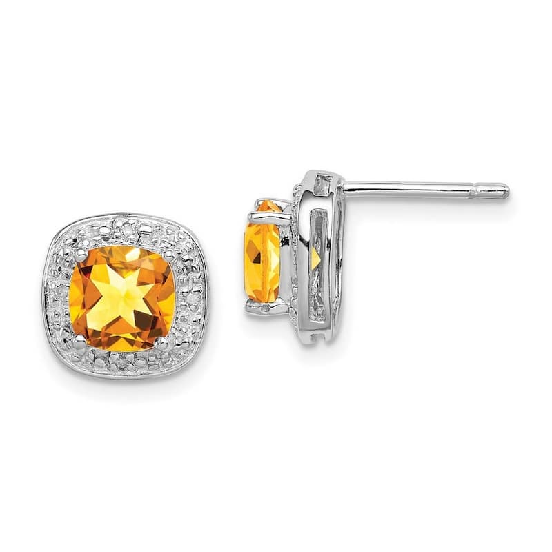 Curata 925 Sterling Silver Polished Rhodium Citrine and Diamond Post Earrings - 9x9mm Wide