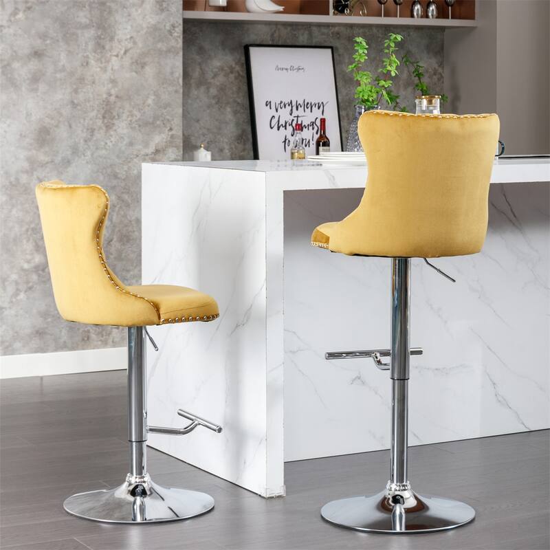 2 Piece Adjustable Swivel Velvet Upholstered Barstool with Chrome Base