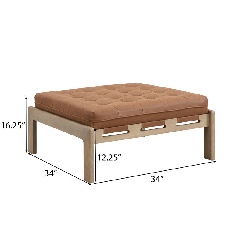 Christopher Knight Home - 34'' Tufted Upholstered Cocktail Ottoman, Square Leather Ottoman Coffee Table with Rubber Wood Frame