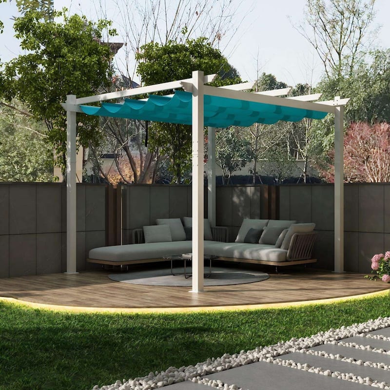 PURPLE LEAF Gazebo White Aluminium Outdoor Retractable Pergola with Canopy Cover - 10ft x 10ft - Turquoise Blue