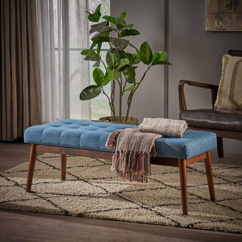 Mid-Century Tufted Ottoman with Rubberwood Frame by Christopher Knight Home