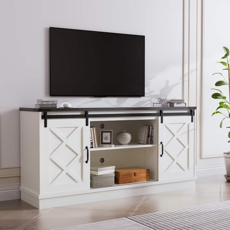 Farmhouse TV Stand wih Storage, 58" Entertainment Center with Sliding Barn Door, Wooden Media TV Console
