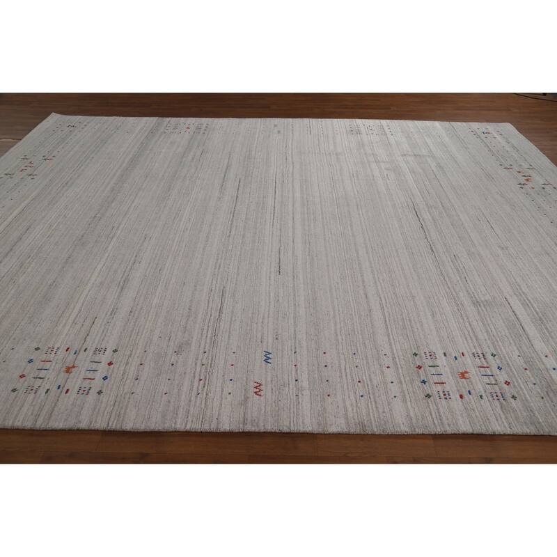 Silver Gray Striped Gabbeh Oriental Area Rug Hand-Knotted Silk Carpet - 9'3" x 11'7"