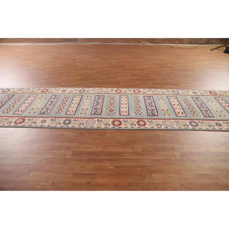 Light Blue Kazak Runner Rug Hand-Knotted Geometric Wool Carpet - 3'4" x 16'0"