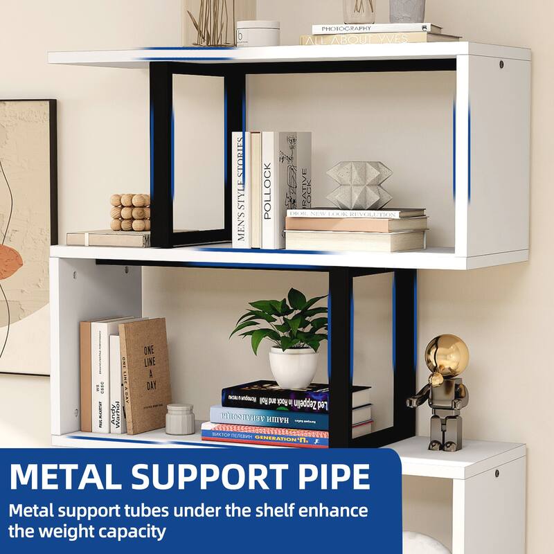 Moasis Modern Corner Shelf Bookcase Bookshelf with Unique S Shaped for Living Room and Home Office