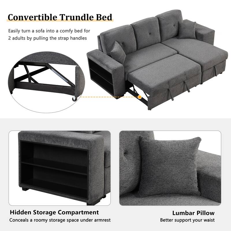 95" Pull-Out Sleeper Sofa w/ Side Shelf & 2 Stools, Storage Chaise
