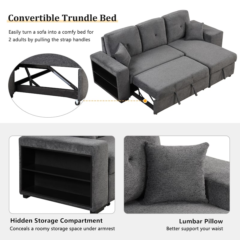 95" Velvet Sectional Sofa with Storage Chaise and 2 Stools and Reversible L-Shape Sofa Bed