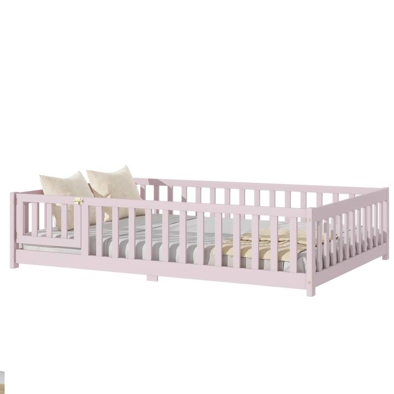 Full Size Floor Bed with Fence and Door,Rubber Wood Floor Bed with Safety Guardrails