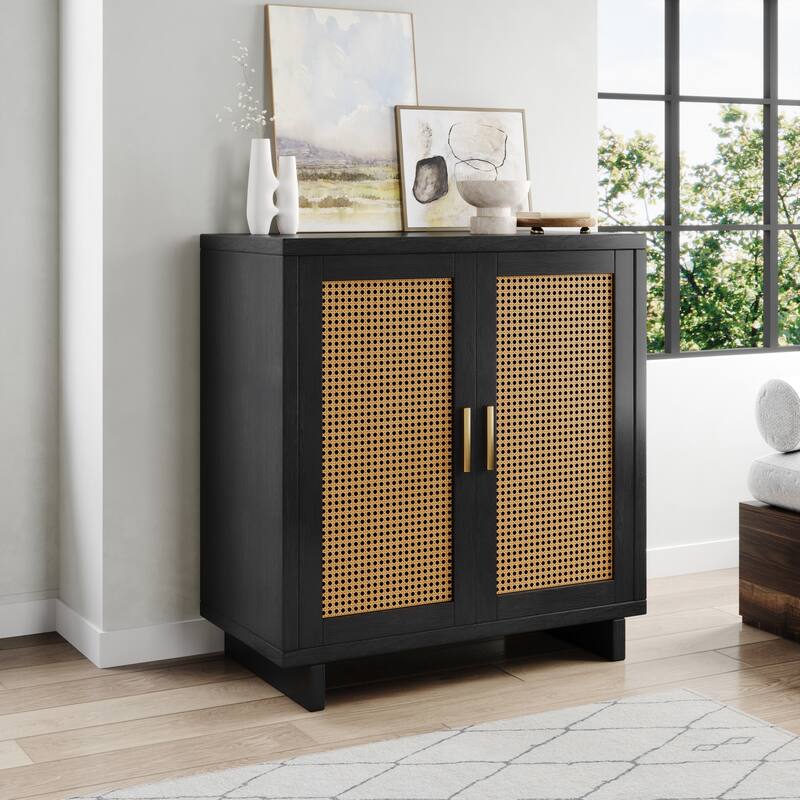 Farmhouse Woven Rattan Sideboard Accent Cabinet - Black