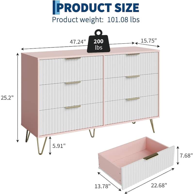 47" Wide Modern Fluted Dresser for Bedroom with 6 Drawers