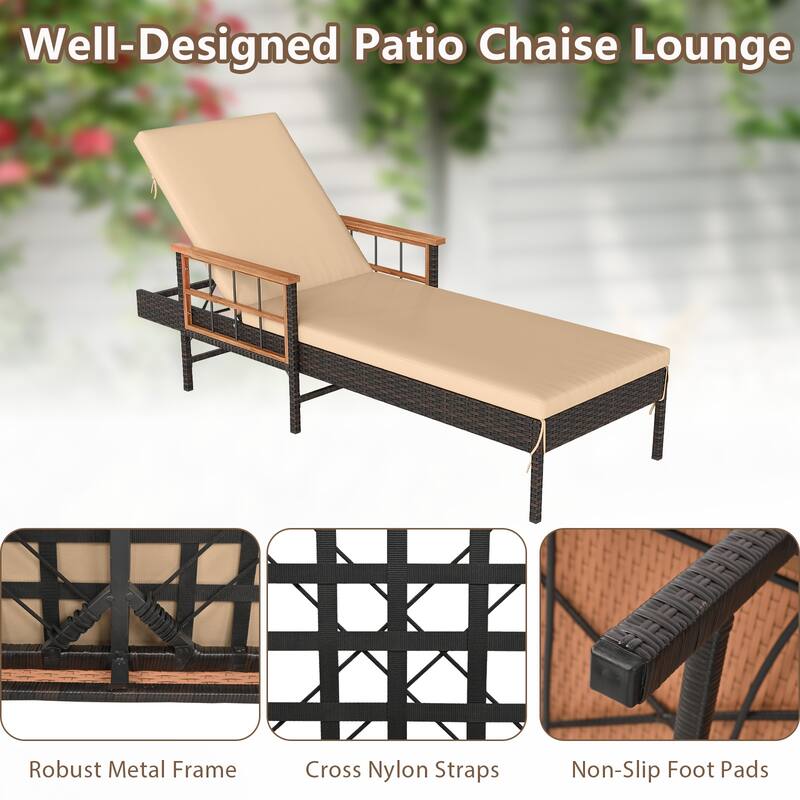 Gymax Patio Rattan Chaise Lounge Reclining Lounger Chair w/ Wood