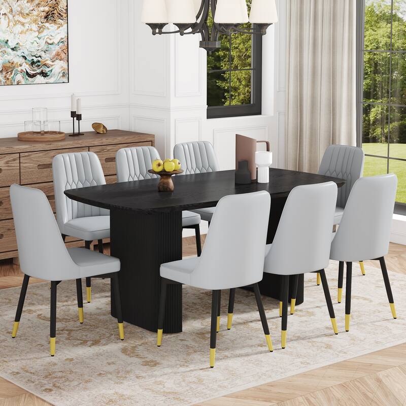 9-Piece Dining Table Set. 67 * 35.4 inch wood grain MDF dining table with 8 chairs - Black,Light Gray