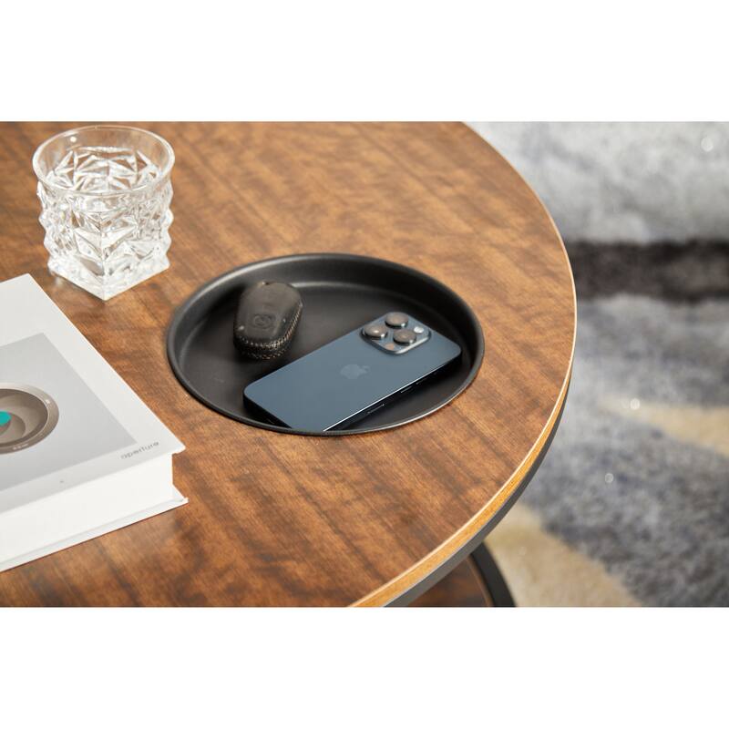 34.64" Antique Wood Round Coffee Table with Two-Layer Storage, Modern Home Furniture