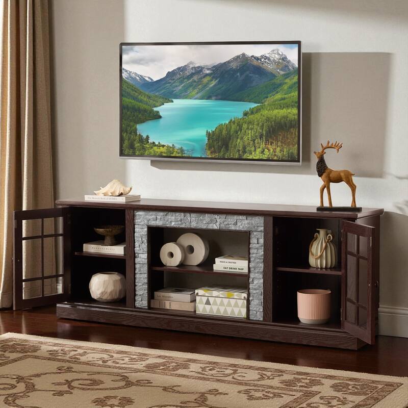 70'' Modern TV Stand for 75'' TV, Faux Stone Media Console with Cabinets, Cable Management & Adjustable Shelves