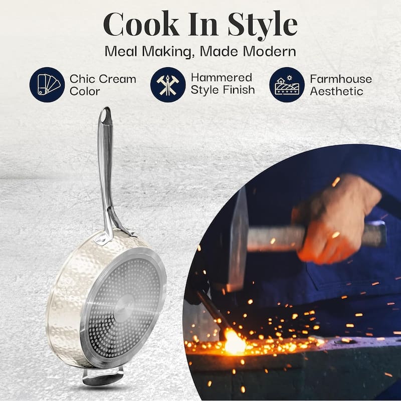 Gotham Steel Hammered Cream Nonstick Frying Pan 14" Large Skillet With Glass Lid