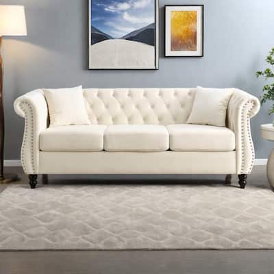 80" Velvet Chesterfield 3-Seater Sofa with Tufted Design, Nailhead Trim, and 2 Pillows